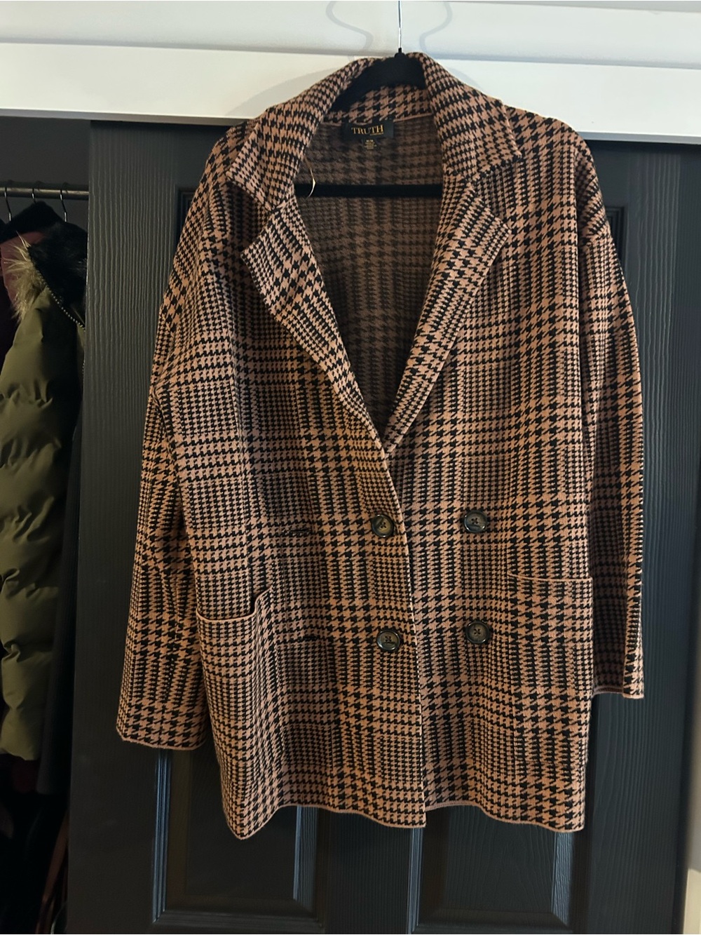 Women's Brown Houndstooth Double-Breasted Coat